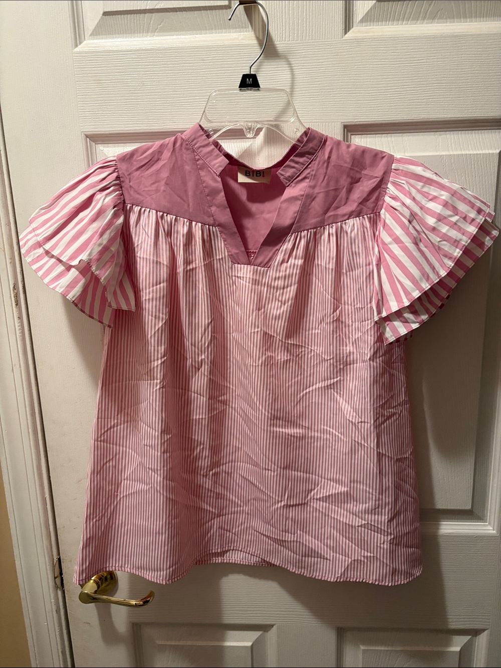 Bibi pink strip ruffle short sleeve blouse